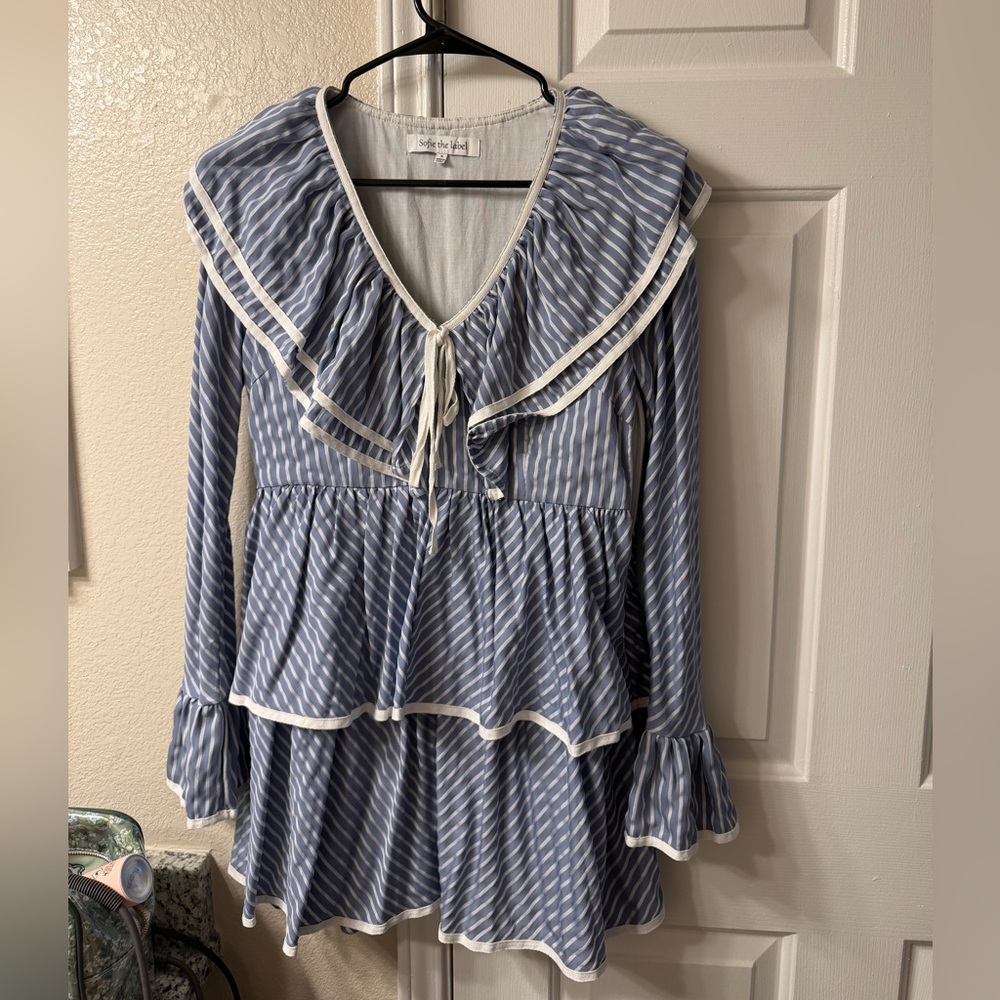 Blue and White Striped Ruffle Peplum Top